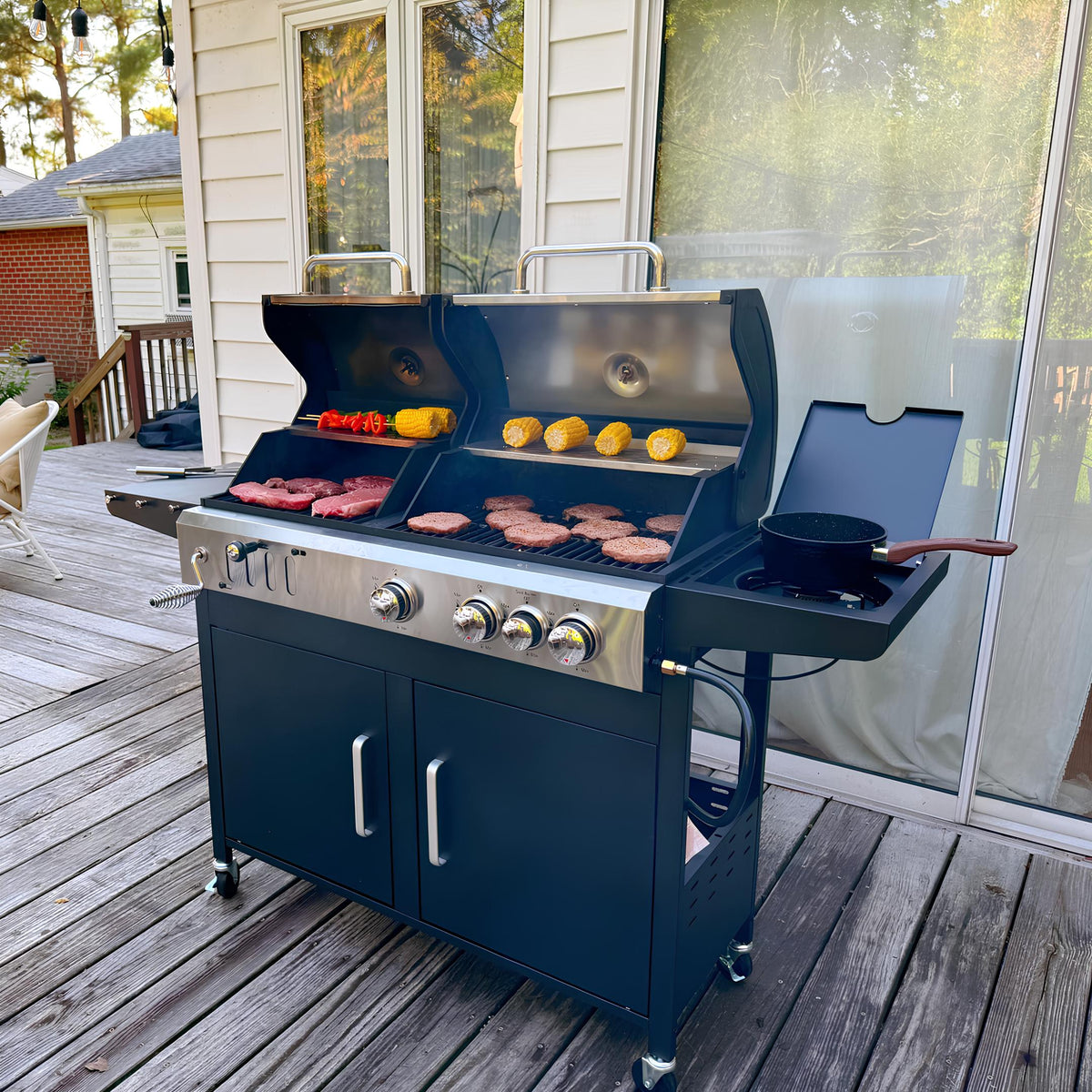 37,000 BTU 3-Burner Dual Fuel Gas Charcoal Grill Combo with Side