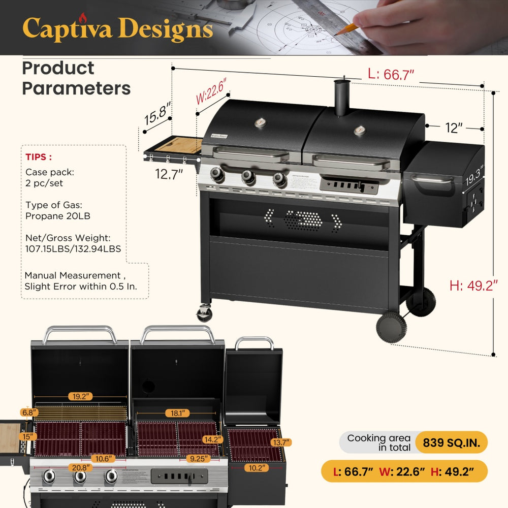 Captiva Designs 3-In-1 Gas and Charcoal Grill Smoker Combo