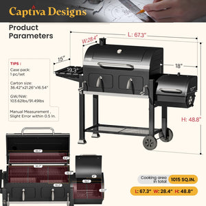 Captiva Designs 2-In-1 Charcoal Grill Smoker Combo