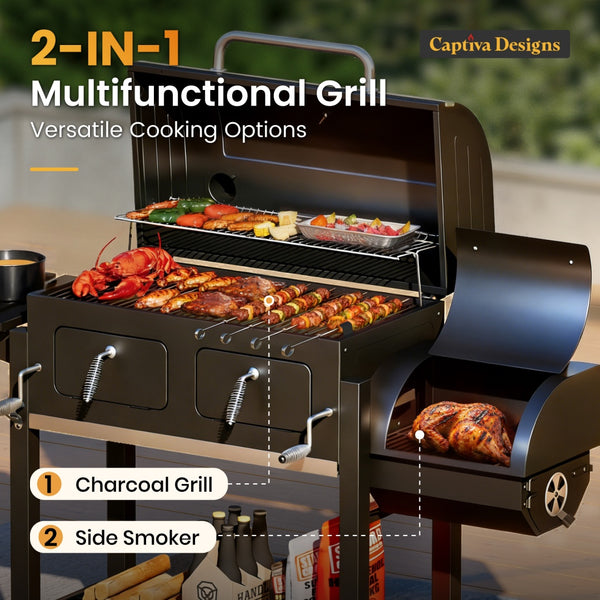 Captiva Designs 2-In-1 Charcoal Grill Smoker Combo