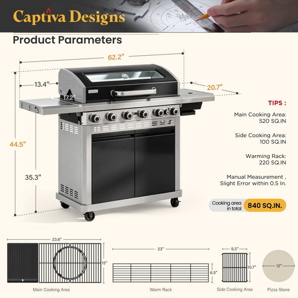 Captiva Designs Multifunctional Outdoor Grill with Infrared Side Burner and Viewing Window