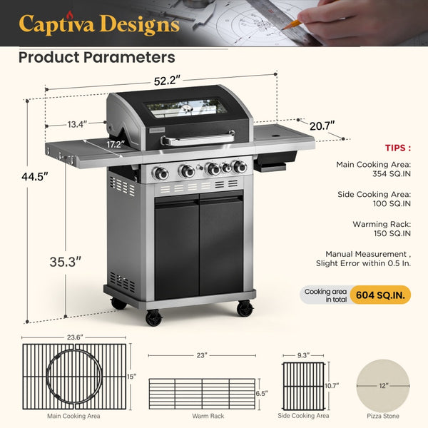 Captiva Designs Multifunctional Outdoor Grill with Infrared Side Burner and Viewing Window