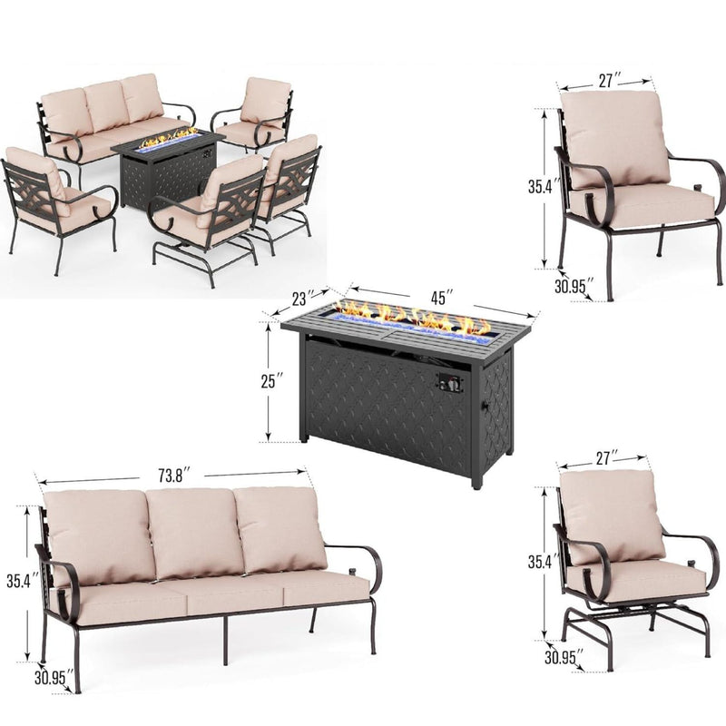 PHI VILLA 7-Seat Patio Steel Conversation Sofa Sets With 50,000 BTU Leather Grain Fire Pit Table