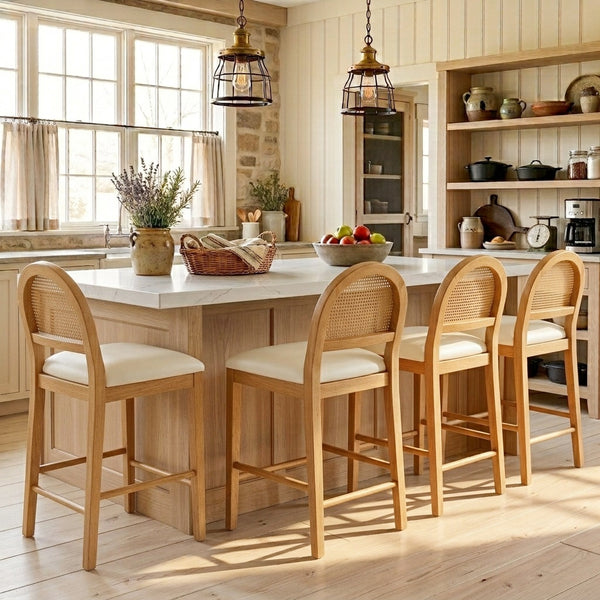 24" Boho Farmhouse Counter Height Bar Stool with Woven Cane Back