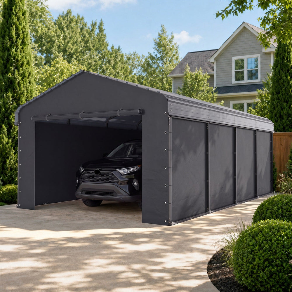 Multi-Sized 1 Car Metal Carport with Sides