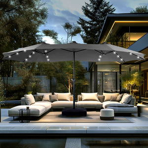 15ft Solar Double-Sided Patio Extra Large Twin Umbrella with Led Lights and Base