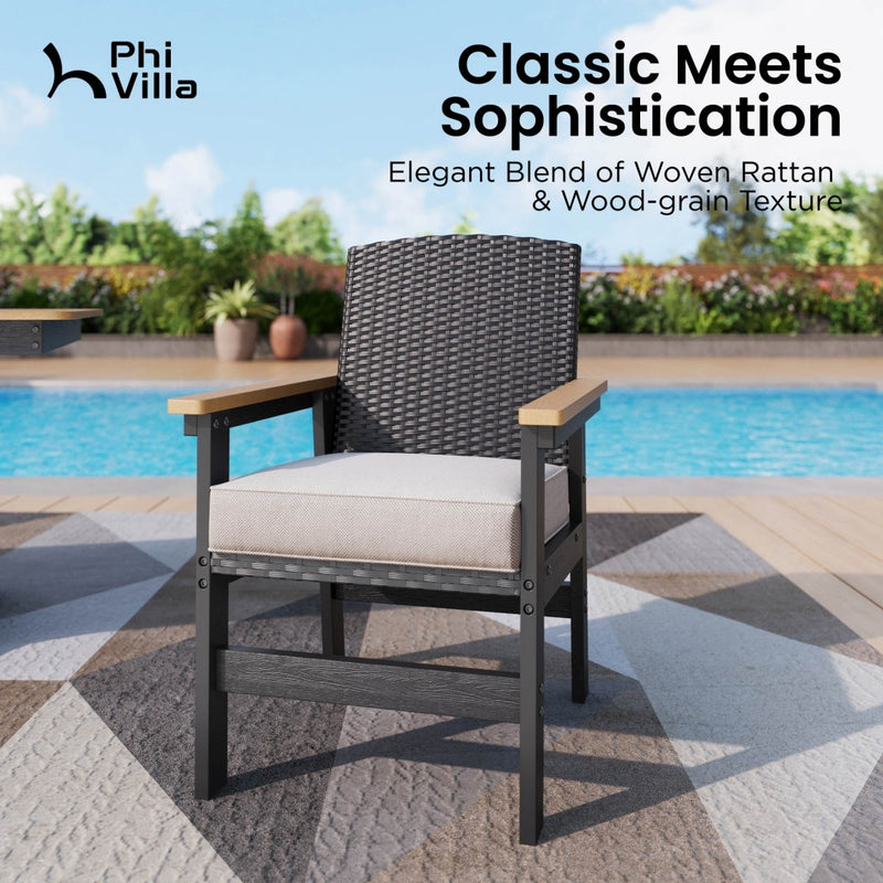 7-Pcs Outdoor Dining set with HPDE Rattan Chair and Wood-like Table