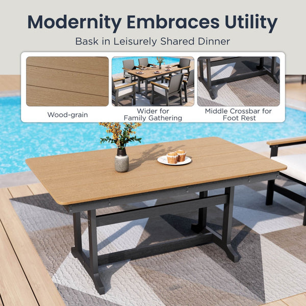 Tranquil 7-Pcs Outdoor Dining set with HDPE Rattan Chair and Wood-like Table