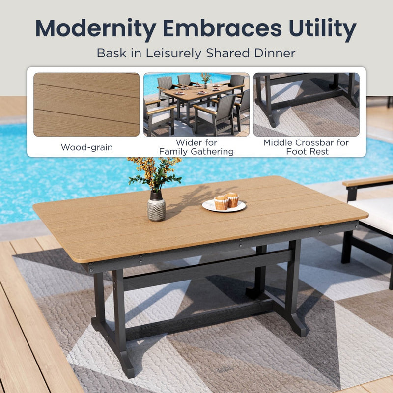 7-Pcs Outdoor Dining set with HPDE Rattan Chair and Wood-like Table