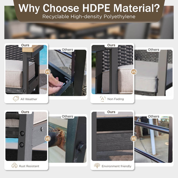 Tranquil 7-Pcs Outdoor Dining set with HDPE Rattan Chair and Wood-like Table