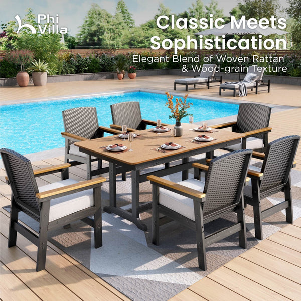 Tranquil 7-Pcs Outdoor Dining set with HDPE Rattan Chair and Wood-like Table