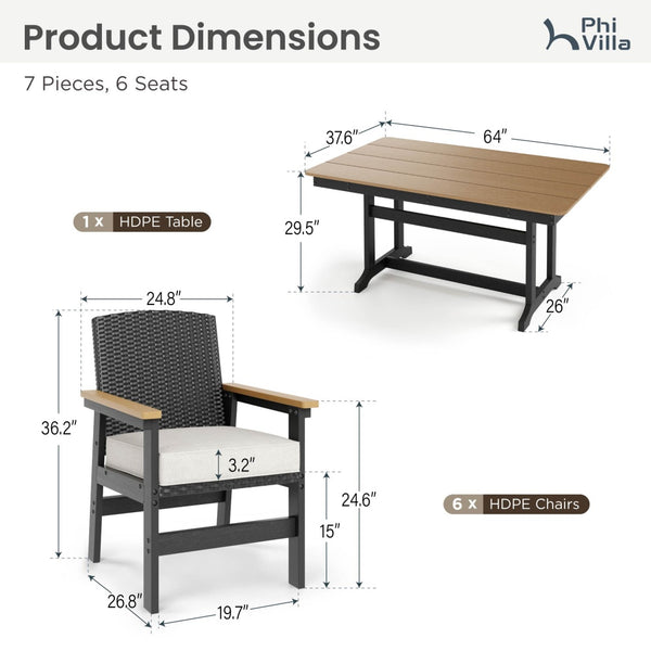 Tranquil 7-Pcs Outdoor Dining set with HDPE Rattan Chair and Wood-like Table