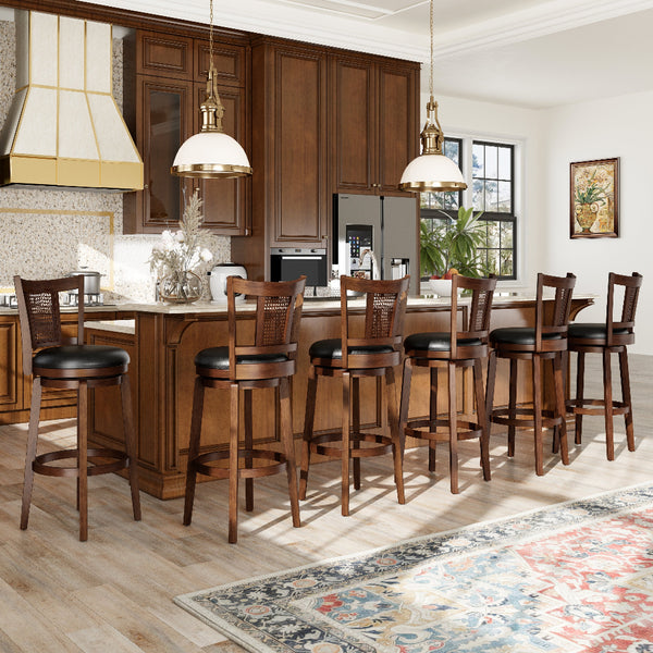 Wooden kitchen island with bar stools in a modern kitchen setting.