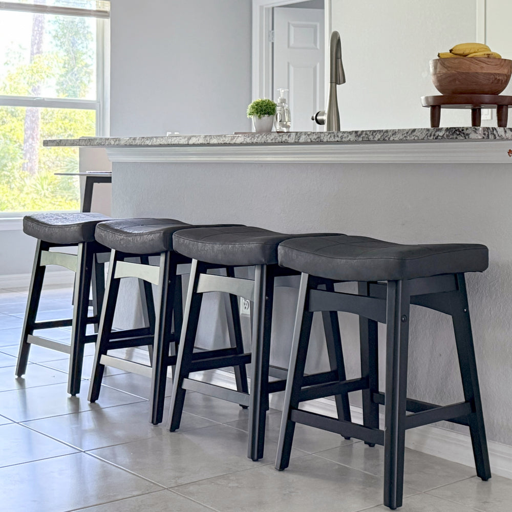 24" PU Leather Saddle Seat Counter Height Bar Stool, Set of 4