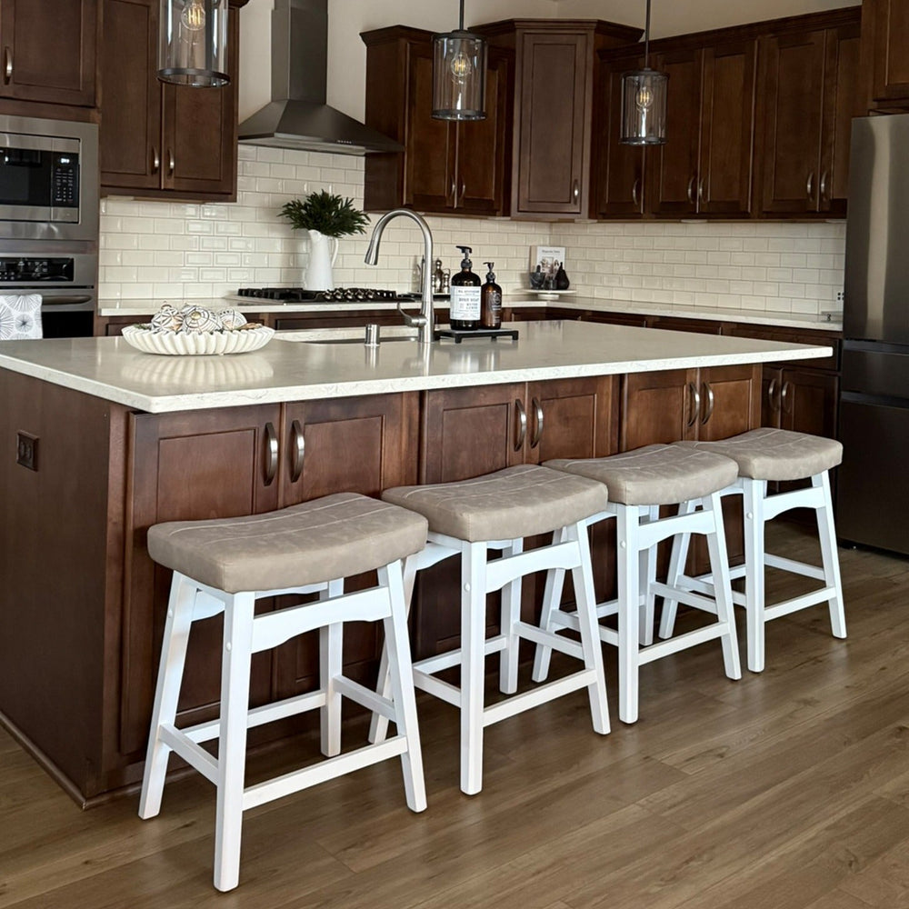 24" PU Leather Saddle Seat Counter Height Bar Stools with White Solid Wood Legs, Set of 4