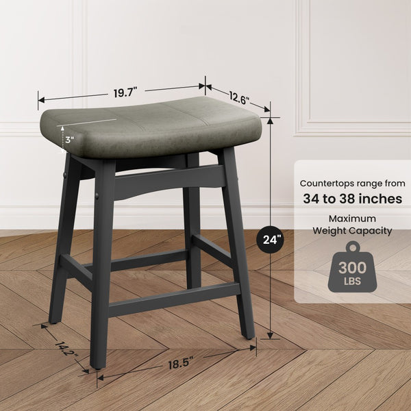 24" PU Leather Saddle Seat Counter Height Bar Stool, Set of 4