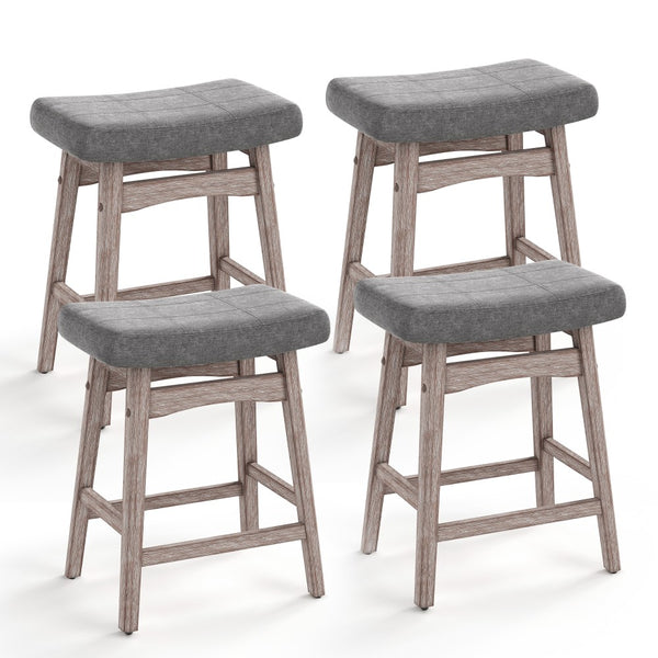 24" Counter Height Saddle Bar Stools with Linen Cushion and Solid Wood Frame, Set of 4
