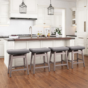 24" Counter Height Saddle Bar Stools with Linen Cushion and Solid Wood Frame, Set of 4