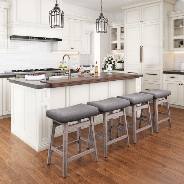24" Counter Height Saddle Bar Stools with Linen Cushion and Solid Wood Frame, Set of 4