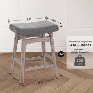 24" Counter Height Saddle Bar Stools with Linen Cushion and Solid Wood Frame, Set of 4