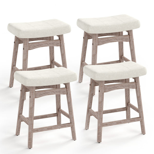 24" Counter Height Saddle Bar Stools with Linen Cushion and Solid Wood Frame, Set of 4