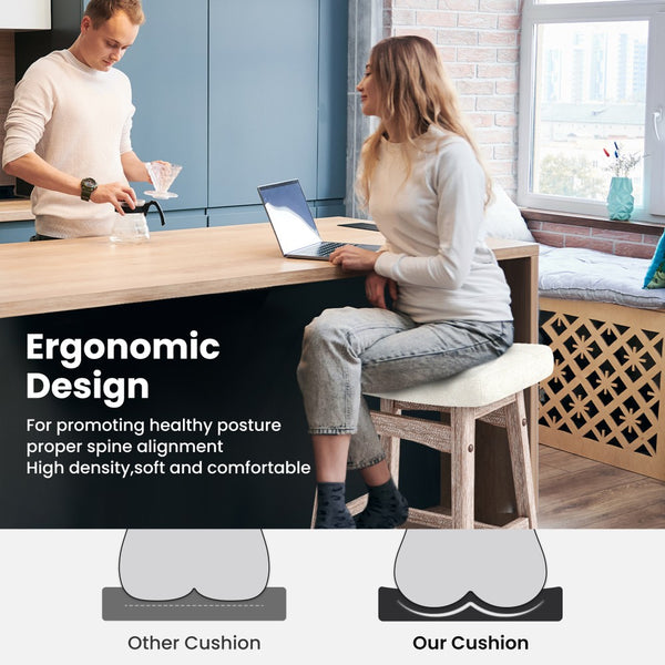 24" Counter Height Saddle Bar Stools with Linen Cushion and Solid Wood Frame, Set of 4