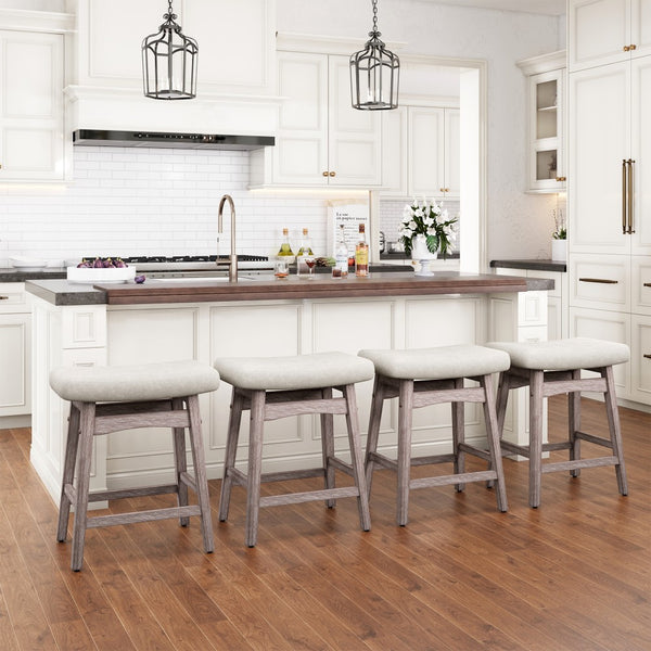 24" Counter Height Saddle Bar Stools with Linen Cushion and Solid Wood Frame, Set of 4