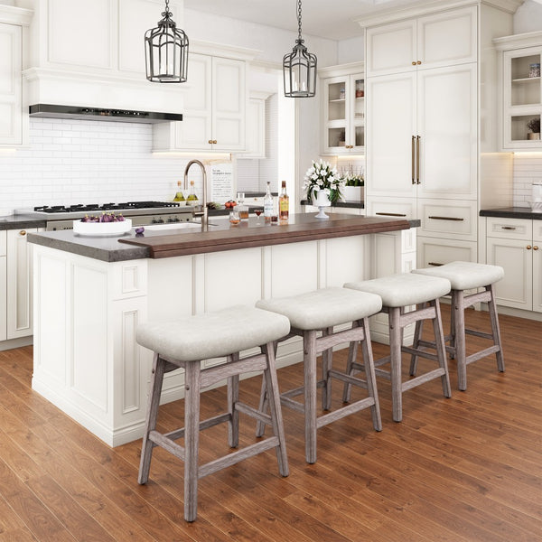 24" Counter Height Saddle Bar Stools with Linen Cushion and Solid Wood Frame, Set of 4