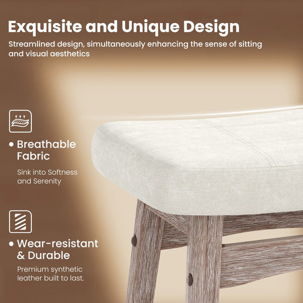 24" Counter Height Saddle Bar Stools with Linen Cushion and Solid Wood Frame, Set of 4