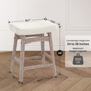 24" Counter Height Saddle Bar Stools with Linen Cushion and Solid Wood Frame, Set of 4