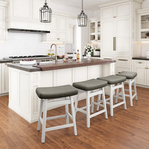 24" PU Leather Saddle Seat Counter Height Bar Stools with White Solid Wood Legs, Set of 4