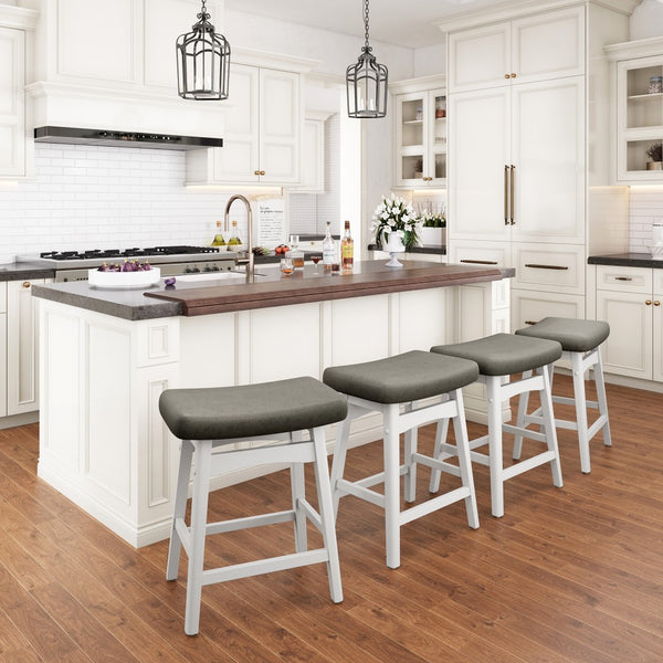 24" PU Leather Saddle Seat Counter Height Bar Stools with White Solid Wood Legs, Set of 4