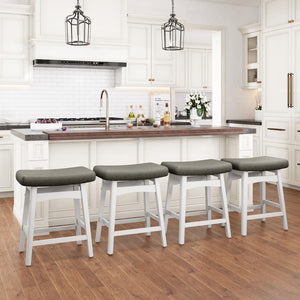 24" PU Leather Saddle Seat Counter Height Bar Stools with White Solid Wood Legs, Set of 4