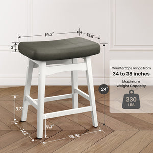 24" PU Leather Saddle Seat Counter Height Bar Stools with White Solid Wood Legs, Set of 4