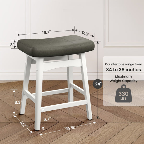 24" PU Leather Saddle Seat Counter Height Bar Stools with White Solid Wood Legs, Set of 4