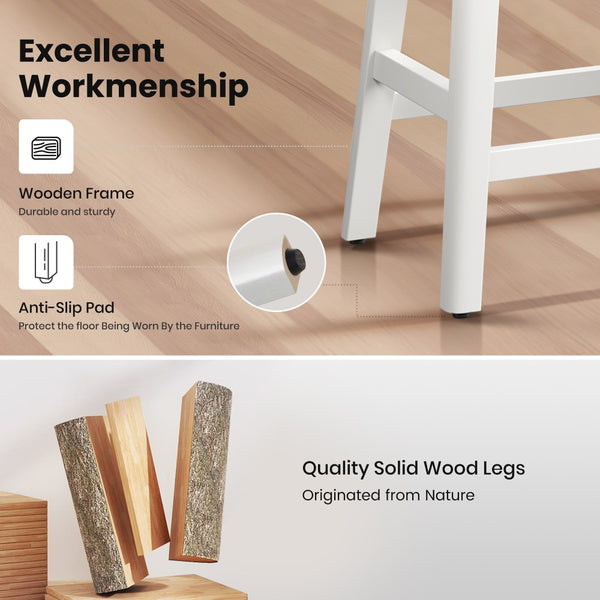 24" PU Leather Saddle Seat Counter Height Bar Stools with White Solid Wood Legs, Set of 4