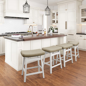 24" PU Leather Saddle Seat Counter Height Bar Stools with White Solid Wood Legs, Set of 4