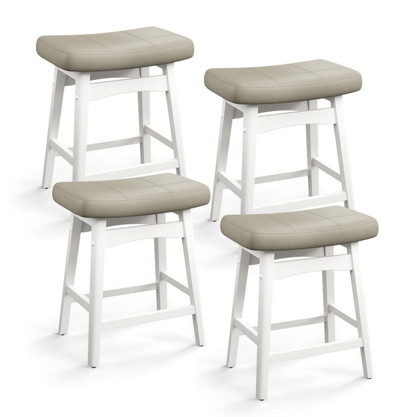 24" PU Leather Saddle Seat Counter Height Bar Stools with White Solid Wood Legs, Set of 4