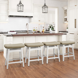 24" PU Leather Saddle Seat Counter Height Bar Stools with White Solid Wood Legs, Set of 4
