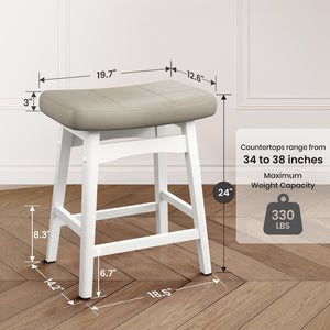 24" PU Leather Saddle Seat Counter Height Bar Stools with White Solid Wood Legs, Set of 4
