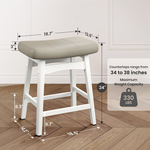 24" PU Leather Saddle Seat Counter Height Bar Stools with White Solid Wood Legs, Set of 4