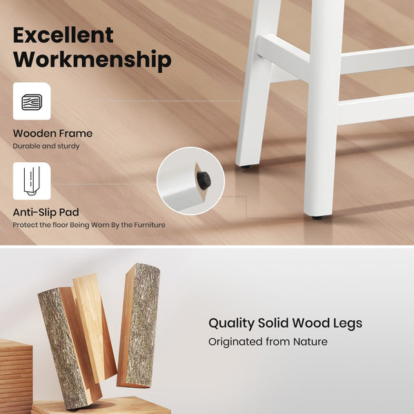 24" PU Leather Saddle Seat Counter Height Bar Stools with White Solid Wood Legs, Set of 4