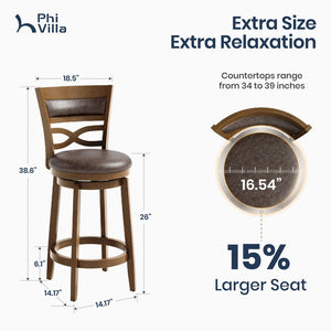 Harrison Rustic Wood Bar Stool with Unique X-Shaped Upholstered Back for Kitchen