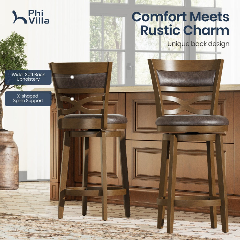 Rustic Wood Bar Stool with Unique X-Shaped Upholstered Back for Kitchen