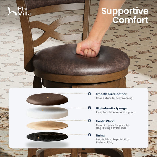 Harrison Rustic Wood Bar Stool with Unique X-Shaped Upholstered Back for Kitchen