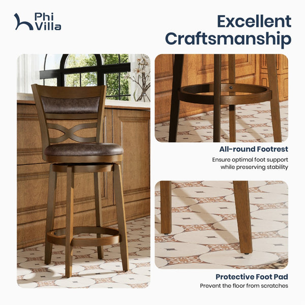 Harrison Rustic Wood Bar Stool with Unique X-Shaped Upholstered Back for Kitchen