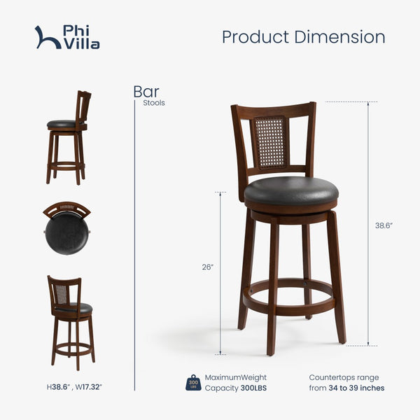 Harrison 360° Swivel Rustic Wood Bar Stools with Grid Back