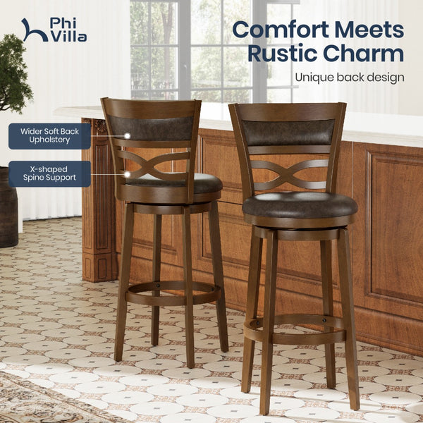 Harrison Rustic Wood Bar Stool with Unique X-Shaped Upholstered Back for Kitchen