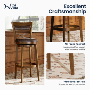 Harrison Rustic Wood Bar Stool with Unique X-Shaped Upholstered Back for Kitchen