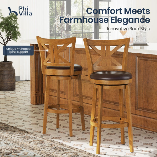 360° Swivel Farmhouse Wood Bar Stools with Patented K-Shaped Back